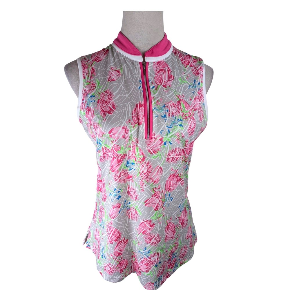 Pebble Beach Dry-Luxe Golf Polo Shirt Pink Floral Sleeveless Sz M Quarter Zip